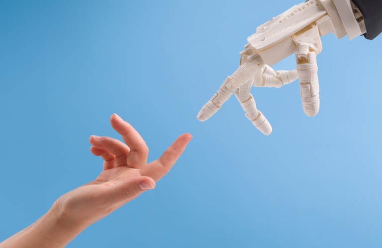 a AI hand reaching for a human hand